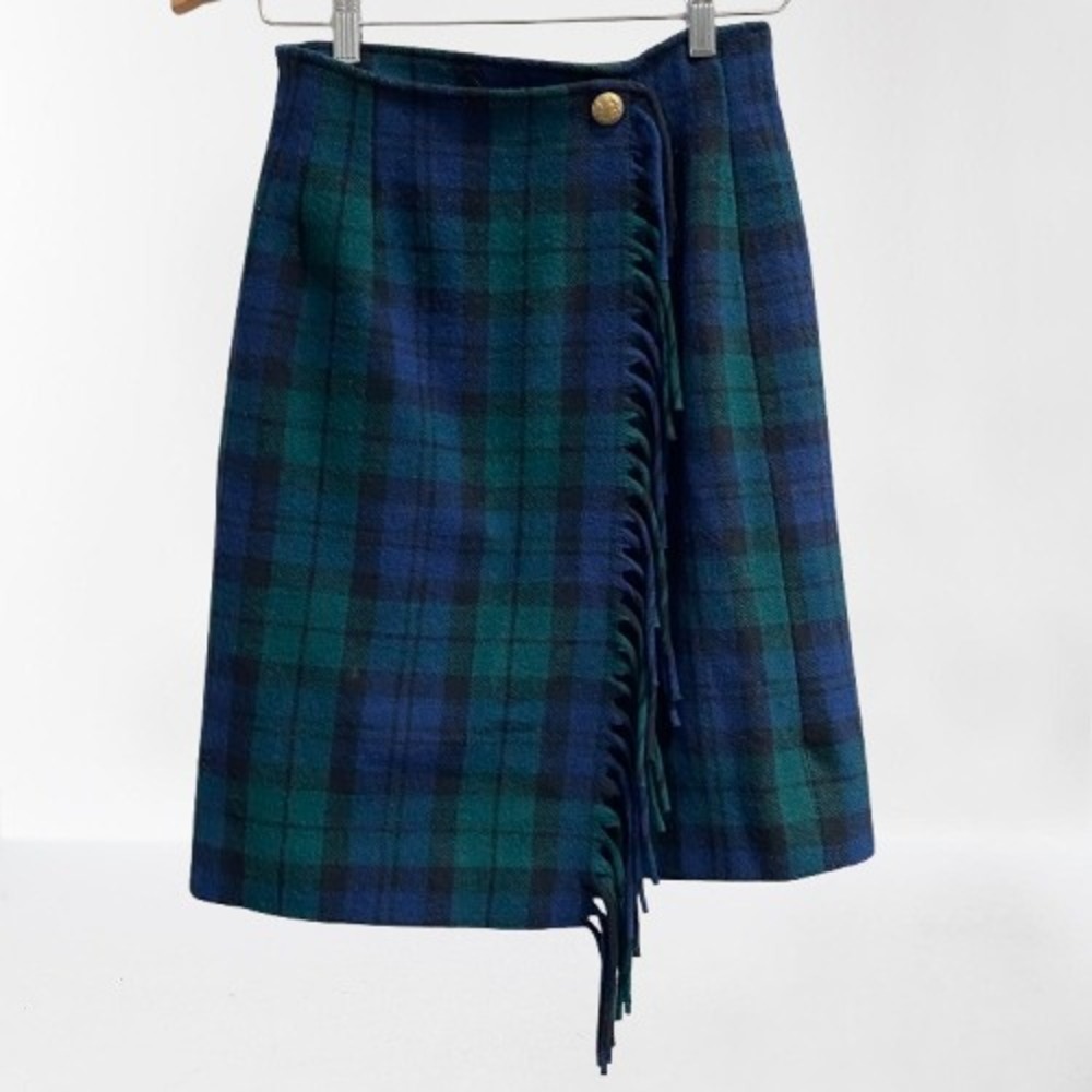 Vintage Pendleton Fringed Wrap Skirt Black Watch Tartan Wool Size 6